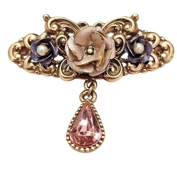 1928 Brand Rose Bar Brooch Faux Pearl Victorian Style Pink Pear Dangle Pin C903 - Picture 7 of 7